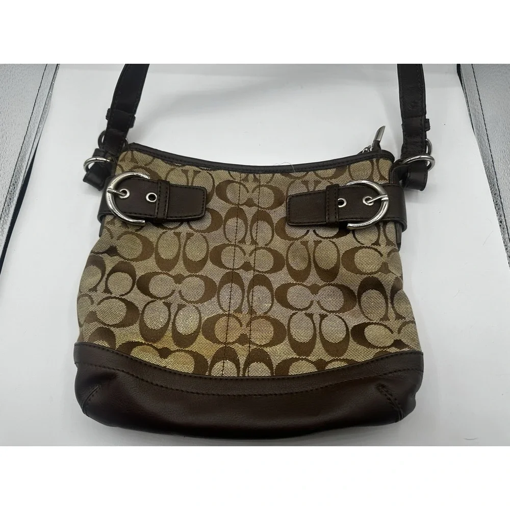 Coach Signature Soho Hobo Shoulder Bag Brown Khaki Canvas Leather Buckle Trim 14